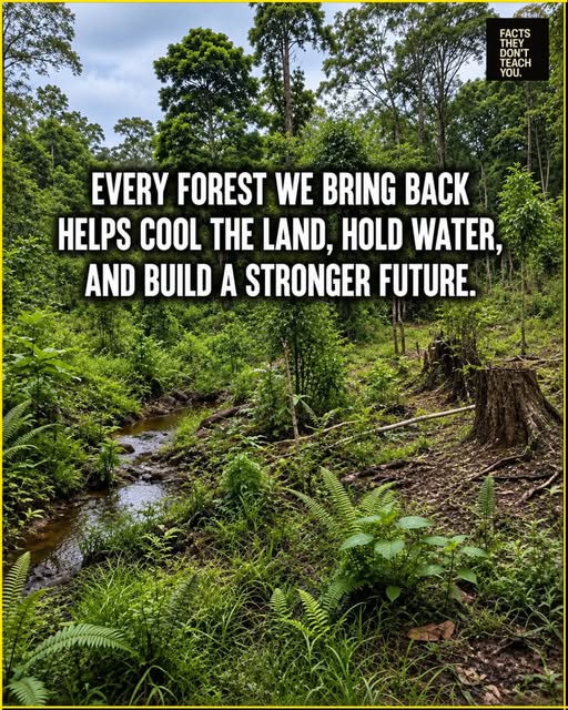 A forest post from Facts They Don’t Teach You, showing a stream and the message about bringing forests back