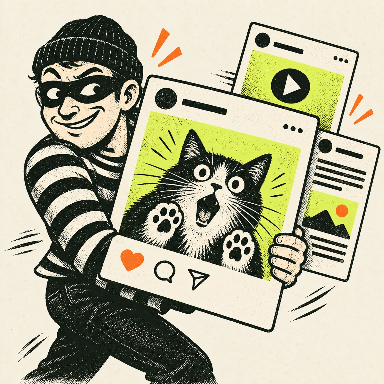 A cheeky masked character grabbing a popular post, with video and article cards ready to make it his own